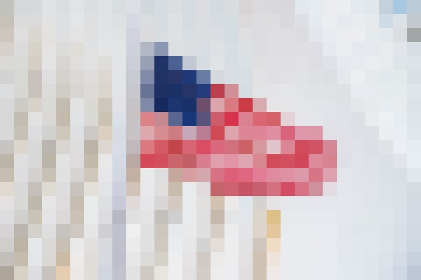 Pixelated image with a pink/red central shape and a dark blue block toward the top, set against a light background.