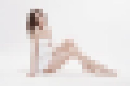 Person in white clothing kneeling on the floor, stretching forward against a white background. the image is pixelated but shows a stretching pose.