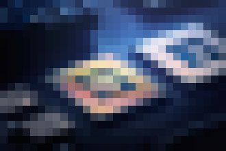 Dark blue abstract image with a glowing circular emblem at the center.