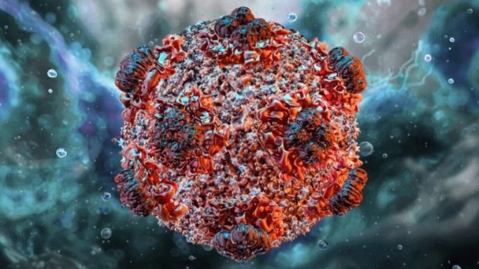 3D rendering of a spherical virus particle with red-orange spike proteins, floating in a blue-green cellular background.