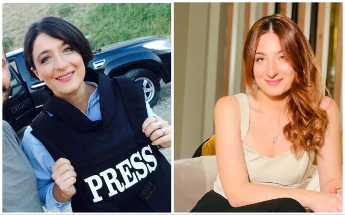Two photos side by side: left is a journalist wearing a PRESS vest outdoors near a car; right is a smiling woman with long wavy hair in a beige sleeveless top indoors.