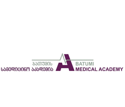Batumi Medical Academy logo with a purple stylized 'A', green horizontal lines, and Georgian script text