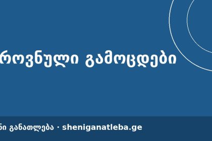 Blue banner with large white Georgian text and circular line design on the right; dark blue footer shows 'sheniganatleba.ge'