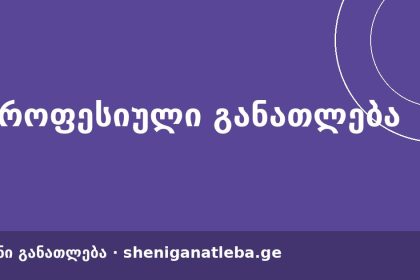Purple banner with white Georgian text and circular line accents; bottom shows 'sheniganatleba.ge' as a site header/banner.